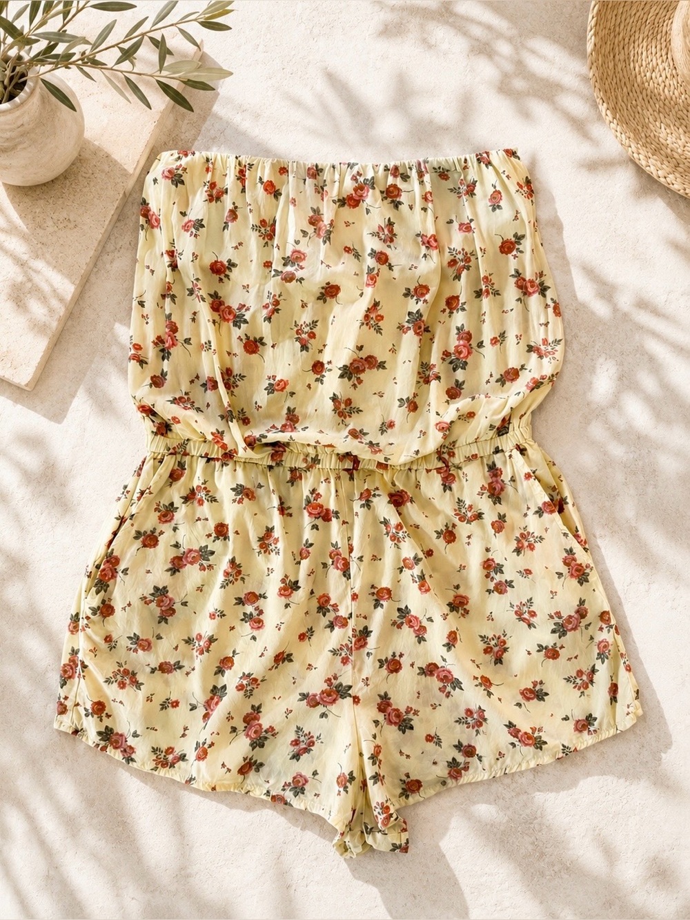 ✨ Spiritual Gangster Pale Yellow Ditsy Floral Strapless Pocket Romper Size M ✨